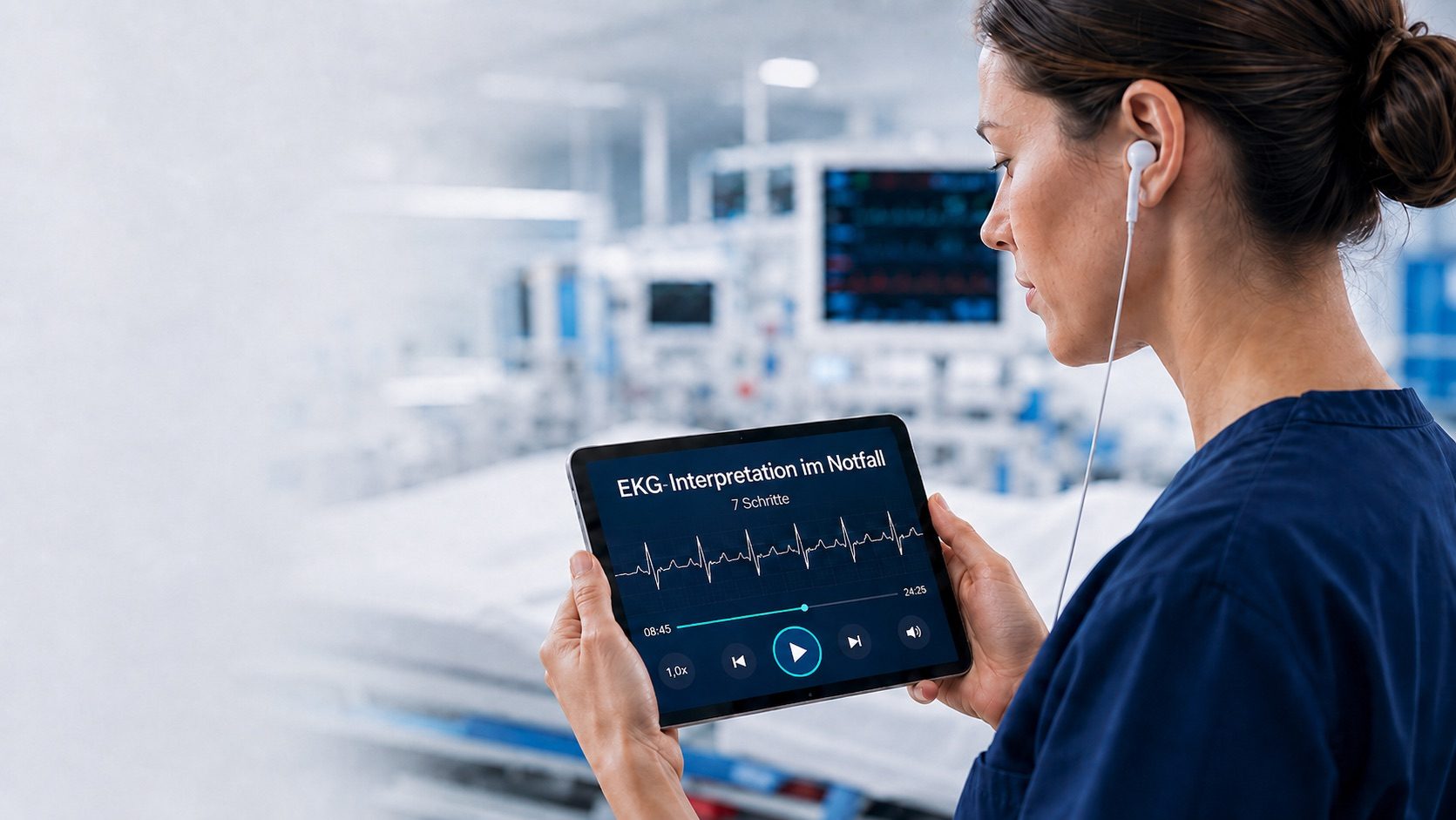 Pflegerin hört Medical-Sim Audiotraining